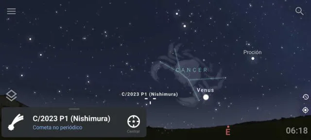  Ubicación del cometa Nishimura en el cielo de España el miércoles 6 de septiembre de 2023, a las 6.00 a. m. (horario local). Foto: captura de Stellarium   