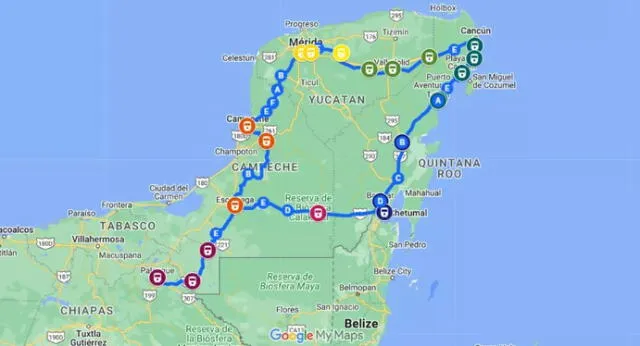 Recorrido que realizará el Tren Maya desde Google Maps. Foto: Tren Maya   