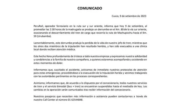  Comunicado. Foto: PeruRail   