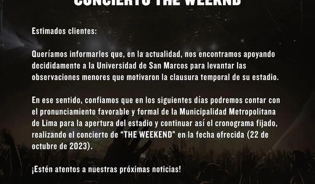 Empresa que traerá a The Weeknd sigue confiada en que podrán realizar el concierto según lo planeado. Foto: Live Nation/Instagram 