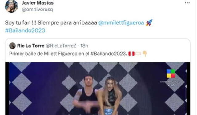  Javier Masías se declaró fan de Milett Figueroa en Twitter. Foto: Javier Masías/Twitter  