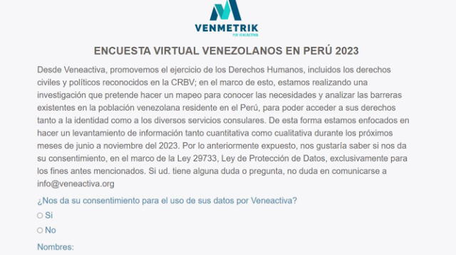  VenMetrik es una plataforma que la ONG VeneActiva habilitó para el registro de las personas migrantes venezolanas en Perú. Foto: captura web/VenMetrik<br><br>    