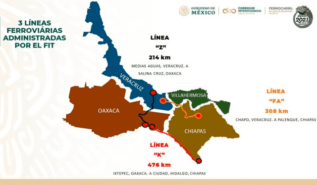 Una gráfica del recorrido de las 3 rutas del Tren Interoceánico de México. Foto: Gobierno de México   