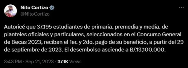 Mensaje del presidente Laurentino Cortizo en su X. Foto: captura Twitter de Nito Cortizo   