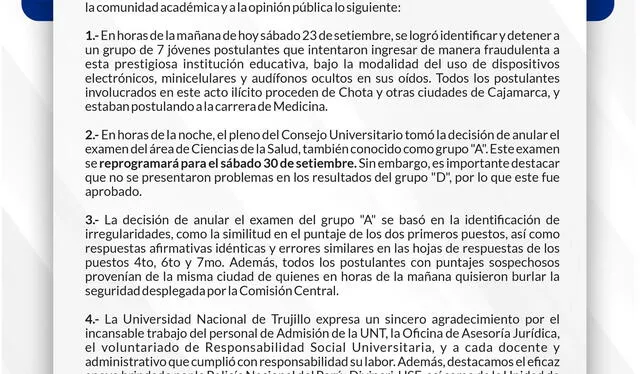 Comunicado de la UNT. Foto: UNT   