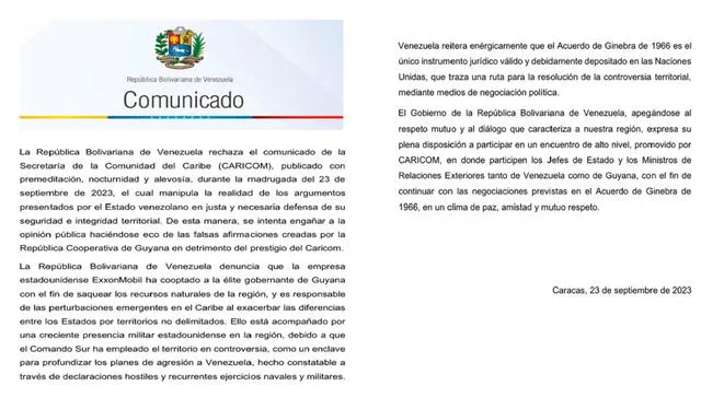  Comunicado de la Cancillería de Venezuela sobre la posición de Caricom. Foto: Cancillería de Venezuela<br><br>    