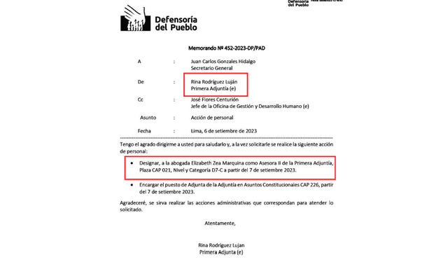  Segundo acto: 6 de setiembre. La primera adjunta encargada Rina Rodríguez emite el memorando 452-2023 y solicita contratar a Elizabeth Zea Marquina. Foto: La República    