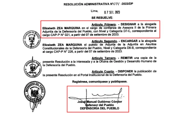  Tercer acto: 7 de setiembre. Josué Gutiérrez emite la resolución 071-2023 y designa adjunta en Derecho Constitucional a Elizabeth Zea Marquina. Foto: La República    