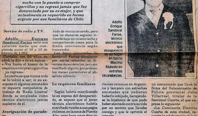 Recorte sobre noticia de la desaparición de Adolfo Enrique Sandoval Farias en 1993. Foto: La Opinión   