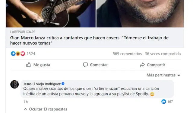  Gian Marco criticó a los artistas peruanos que se dedican a cantar covers. Foto: Facebook    