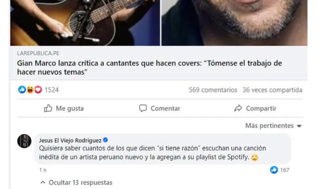  Gian Marco criticó a los artistas peruanos que se dedican a cantar covers. Foto: Facebook   