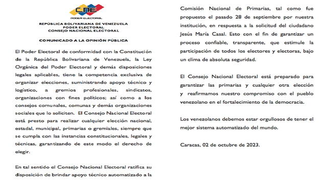  Comunicado del Consejo Nacional Electoral (CNE) de este lunes 2 de octubre. Foto: CNE<br>   