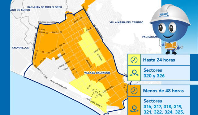 Sectores de Villa El Salvador que no tendrán agua durante el corte masivo del servicio en Lima. Foto: Sedapal    
