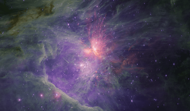  Imagen del cúmulo del Trapecio, en el interior de la Nebulosa de Orión, donde se están formando miles de estrellas masivas jóvenes. Foto: NASA / ESA / CSA   