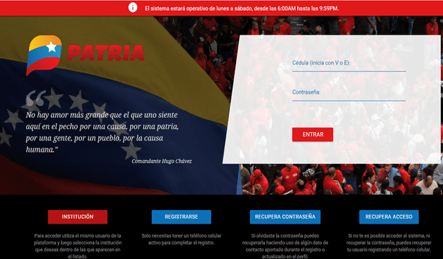  El Sistema Patria está disponible para todos los ciudadanos venezolanos. Foto: captura SP   