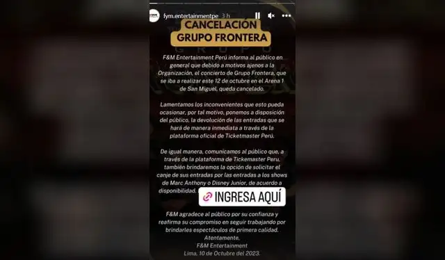 Grupo Frontera anuncia la cancelación de su concierto en Perú. Foto: F&M Entertainment Perú/Instagram Grupo Frontera anuncia la cancelación de su concierto en Perú. Foto: F&M Entertainment Perú/Instagram