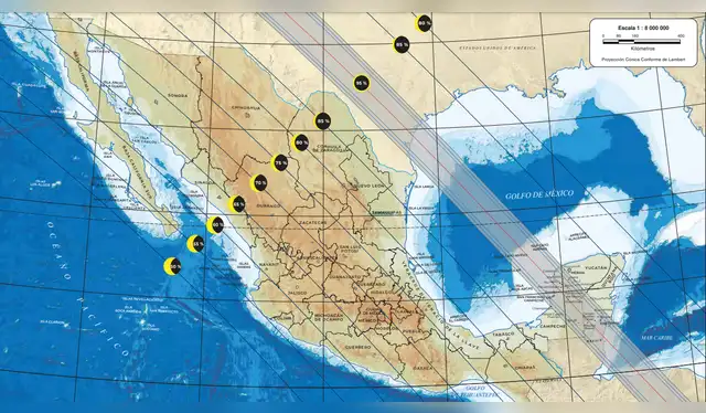 Mapa de México. La franja de color gris indica la trayectoria del eclipse solar anular o anillo de fuego. Foto: captura de INEGI Mapa de México. La franja de color gris indica la trayectoria del eclipse solar anular o anillo de fuego. Foto: captura de INEGI