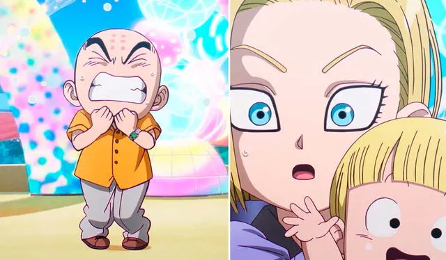 Krillin y Nº 18 se verán así en sus versiones infantiles. Foto: composición LR/Toei Animation   