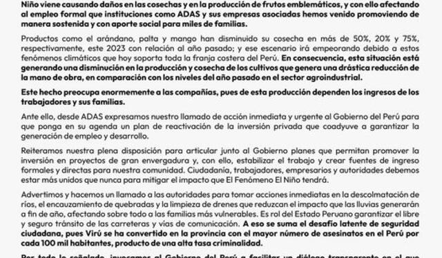 Comunicado de la Asociación para el Desarrollo Agropecuario Sostenibles. Foto: ADAS   