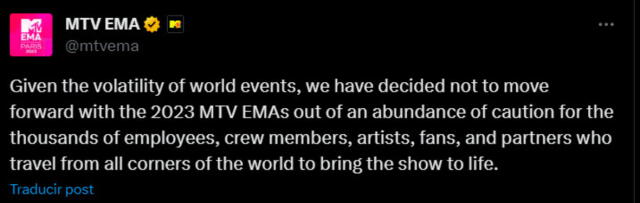  MTV EMA anuncia la cancelación de evento EN VIVO en Paris. Foto: Twitter MTV EMA    