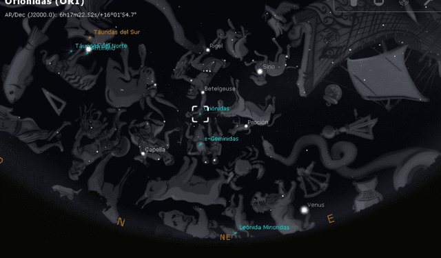 The position of the Orionid radiant in the sky on October 21 of this year in the Peruvian sky during the early morning. Photo: Stellarium capture The position of the Orionid radiant in the sky on October 21 of this year in the Peruvian sky during the early morning. Photo: Stellarium capture