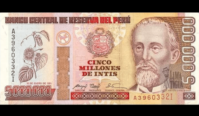 Un billete de 5 millones de intis vale 5 soles en la economía actual. Foto: El diario del Chaski/Facebook   