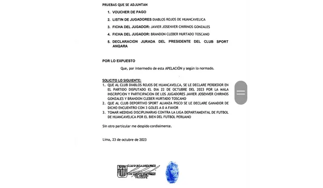 Reclamo ante la CJ-FPF. Foto: Alianza Pisco/Facebook   