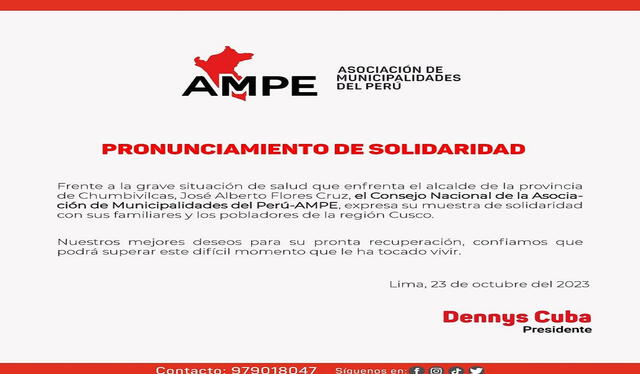 La Ampe se pronunció tras atentado que sufrió el burgomaestre. Foto: Ampe  