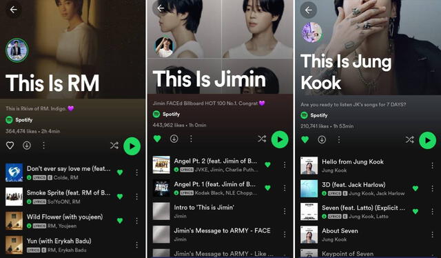 No todos los idols de BTS tienen su playlist individual en Spotify. Foto: composición LR/captura de Spotify   