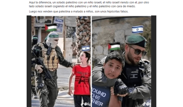 El supuesto “niño israelí” aparece con un polo rojo (izquierda). En la otra imagen, el aparente menor “palestino” viste de azul marino (derecha). Foto: captura Facebook   