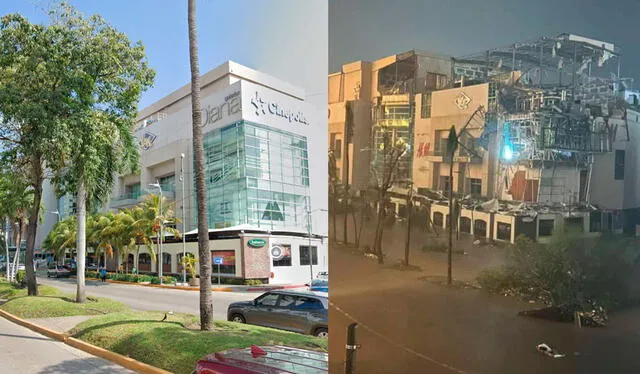 Antes y después de la Plaza Galerías Diana tras el paso del ciclón Otis. Foto: composición LR/Infobae   