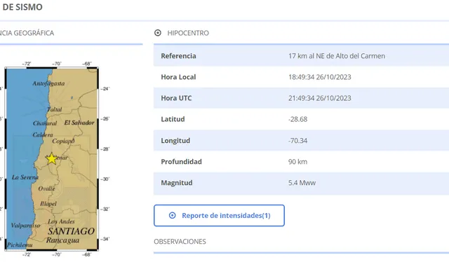 Centro Sismológico Nacional de la Universidad de Chile reportó un sismo la tarde de este 26 de octubre. Foto: captura CSN   
