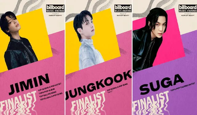 Jimin, Jungkook y Suga de BTS fueron nominados en los BBMAs 2023. Foto: composición LR/@bts_bighit   