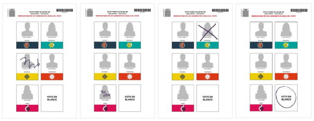 Estos son ejemplos válidos de cómo votar en los tarjetones para gobernadores y alcaldes. Foto: Canal Institucional   