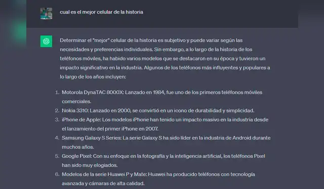 ChatGPT revela cuál es el mejor celular de la historia, según sus datos almacenados. Foto: captura de pantalla   