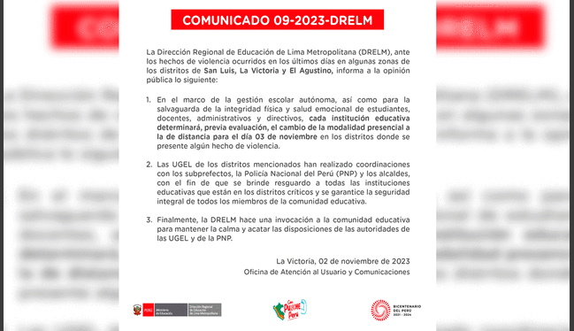 Comunicado DRELM. Foto: DRELM   