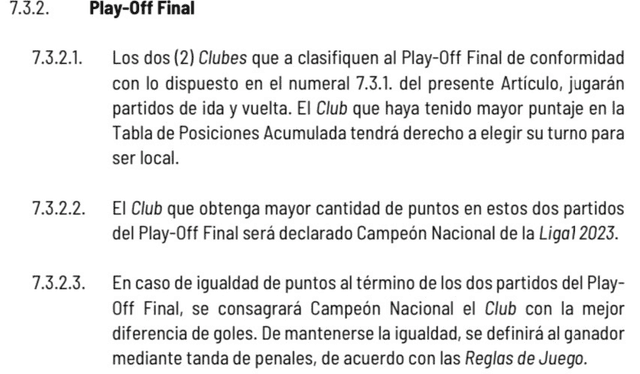 Esto dice el reglamento sobre un empate en los dos partidos de las finales de la Liga 1. Foto: reglamento Liga 1   