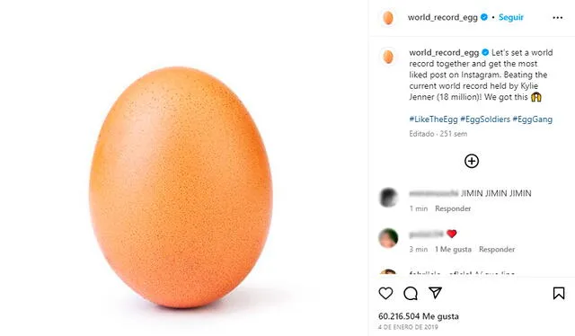 Foto del huevo con más likes en Instagram. Foto: captura de Instagram/@world_record_egg   