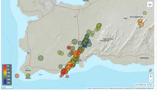 Mapa que muestra los 800 sismos que ha sufrido Islandia en solo 14 horas. Foto: @Vedurstofan/Twitter   