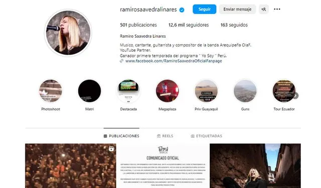 Ramiro Saavedra se presenta en sus redes sociales como músico, cantante, guitarrista y compositor. Foto: captura de Instagram/@ramirosaavedralinares 