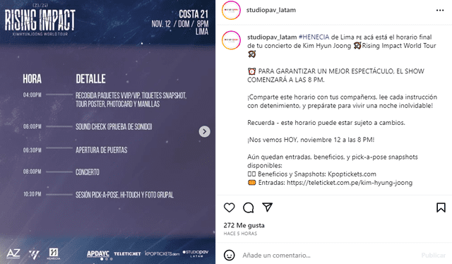 Nuevo cronograma para la presentación de Kim Hyun Joong en Lima. Foto: captura de Instagram/Studio Pav LATAM   