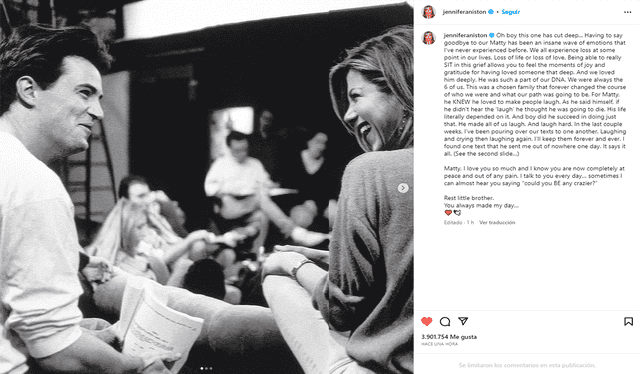 Jennifer Aniston y Matthew Perry compartieron muchos años de amistad durante las grabaciones de 'Friends'. Foto: captura de Instagram/Jennifer Aniston   