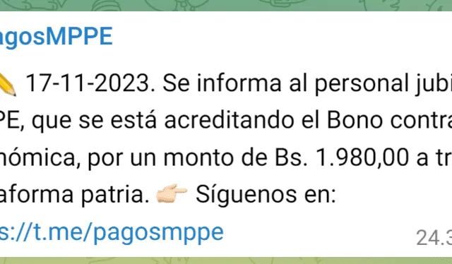 El segundo pago del Bono de Guerra se realizó el 17 de noviembre. Foto: Pagos MPPE/Telegram