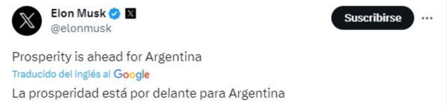 Musk usó su cuenta de Twitter para comentar el triunfo de Milei. Foto: captura @eleonmusk/Twitter   