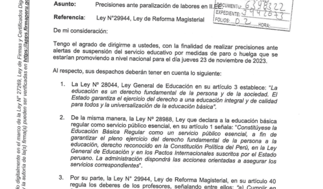 Oficio declara ilegal la huelga y descontarán a profesores que no trabajen. Foto: Minedu    