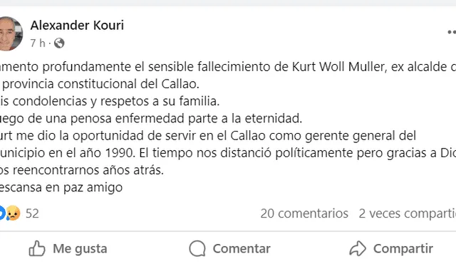 Alex Kouri lamentó el fallecimiento de Woll Muller. Foto: captura de pantalla/Facebook/Alex Kouri    