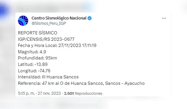 Sismo en Ayacucho. Foto: IGP 