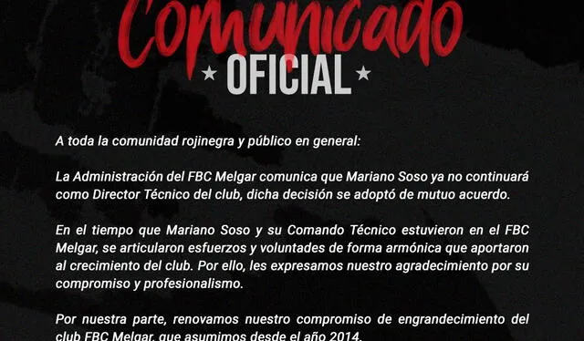  Melgar anunció la salida de Mariano Soso. Foto: FBC Melgar    