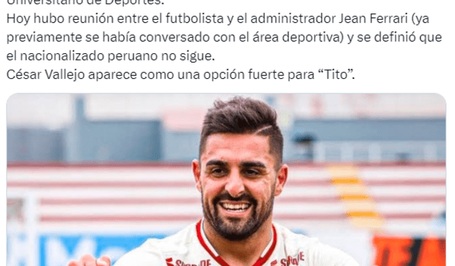 Luis Urruti defendió la camiseta de Universitario durante tres años. Foto: Twitter/Gustavo Peralta.    