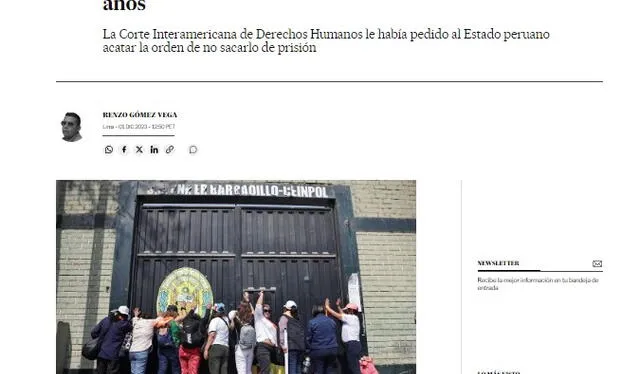 El diario El País informando sobre la condena de Alberto Fujimori. Foto: El País/captura   